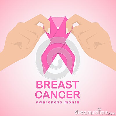 Breast cancer awareness month with two hand hold pink ribbon vector illustration design Vector Illustration