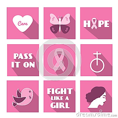 Breast cancer awareness month vector flat icons with slogan, phrases and symbols Vector Illustration