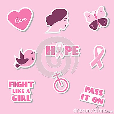 Breast cancer awareness month vector flat icons, stickers, labels, pins with slogan, phrases and symbols Vector Illustration