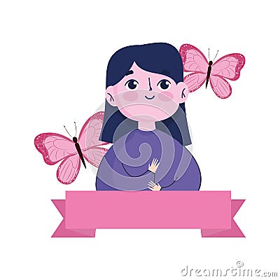 Breast cancer awareness month, woman cartoon butterflies ribbon Vector Illustration