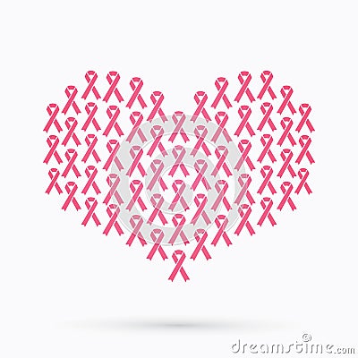 Breast cancer awareness, pink ribbon, in heart shape Vector Illustration