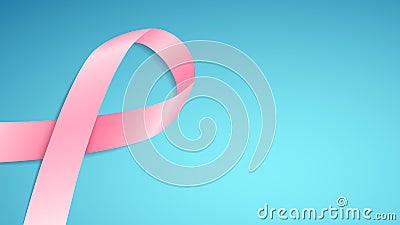 Breast Cancer Awareness pink ribbon. Light blue horizontal background. Fighting cancer. Vector Cartoon Illustration