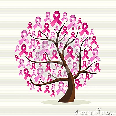 Breast cancer awareness pink ribbons conceptual tree EPS10 file. Vector Illustration