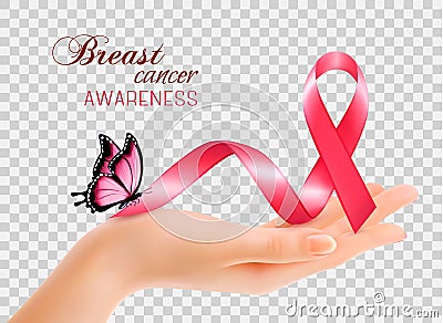 Breast cancer awareness ribbon with women hand Vector Illustration