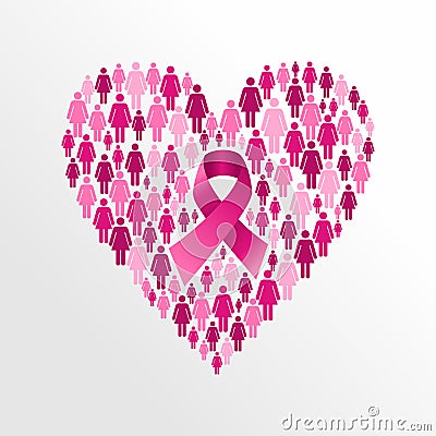 Breast cancer awareness ribbon women heart shape. Vector Illustration