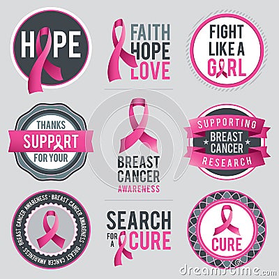 Breast Cancer Awareness Ribbons and Badges Vector Illustration