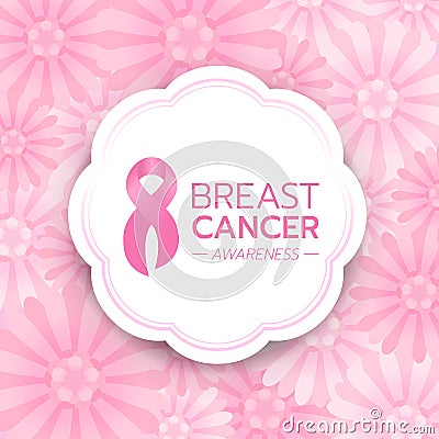 Breast cancer Awareness text and pink ribbon sign in white circle banner on abstract pink flower background vector design Vector Illustration