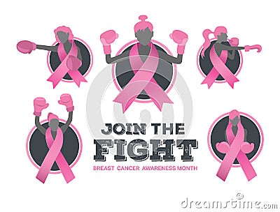 Breast cancer awareness vector with fighting girls Vector Illustration