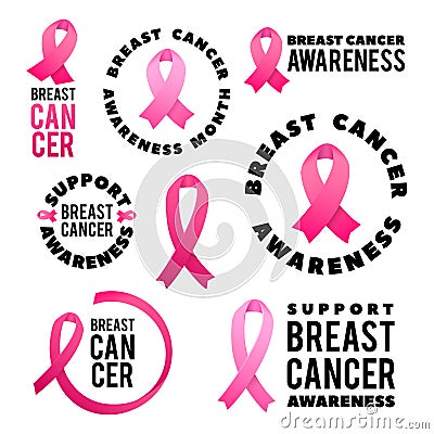 Breast Cancer Awareness Vector Set. Poster Design. Stroke Pink Ribbon. October is Cancer Awareness Month Vector Illustration