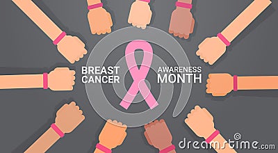 Breast Cancer Day Group Of Hands With Pink Ribbons Disease Awareness Prevention Poster Greeting Card Vector Illustration