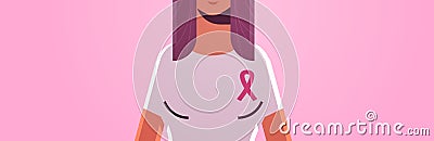 Breast cancer day woman wearing t-shirt with pink ribbon disease awareness and prevention concept flat portrait Vector Illustration