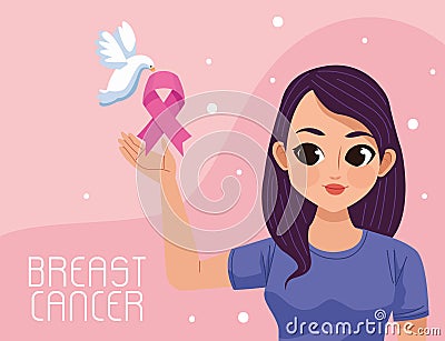 breast cancer lettering with girl Vector Illustration