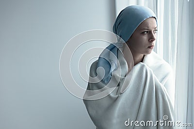 Breast cancer patient in blanket Stock Photo