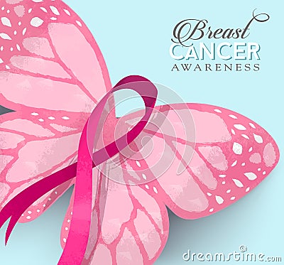 Breast cancer pink butterfly ribbon illustration Vector Illustration