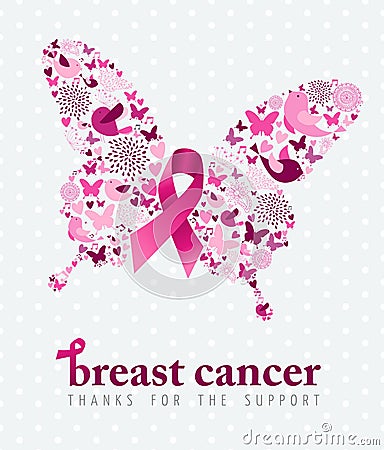 Breast cancer support poster pink ribbon butterfly Vector Illustration