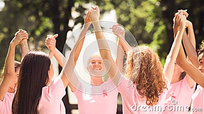 Breast Cancer Volunteers Ladies Holding Hands Standing In Circle Outside Stock Photo