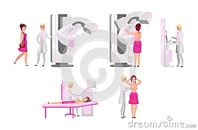 Breast medical examination flat illustrations set Vector Illustration