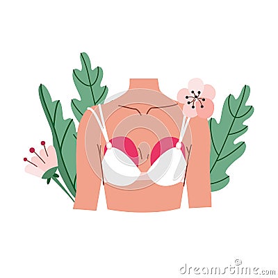 Breast pain vector illustration concept. Female chest wearing brassiere surrounded nature flowers. Mastalgia design Vector Illustration