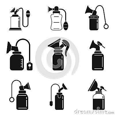 Breast pump mother icons set, simple style Vector Illustration