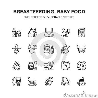 Breastfeeding, baby food vector flat line icons. Breast feeding elements - pump, woman, child, powdered milk, bottle Vector Illustration