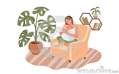 Breastfeeding, childbirth and maternity concept, young mother feeding newborn baby Vector Illustration