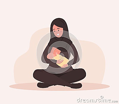 Breastfeeding concept. Young islamic mother nursing newborn baby. Natural feeding, happy motherhood. Vector illustration Vector Illustration