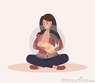 Breastfeeding concept. Young mother nursing newborn baby. Natural feeding, happy motherhood. Vector illustration in flat Vector Illustration