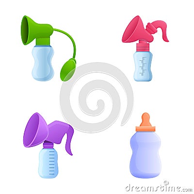 Breastfeeding device icons set cartoon vector. Manual breast pump Vector Illustration