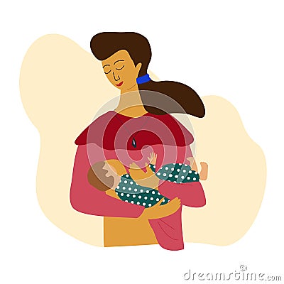 Breastfeeding and lactation concept. Young mother feeding a baby with breast. Happy mom holding a new born baby in hands. Vector Illustration