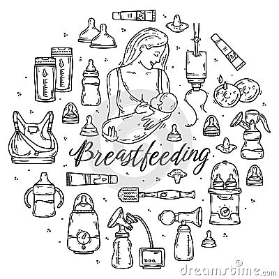 Breastfeeding and lactation set of vector doodle sketch icons Vector Illustration