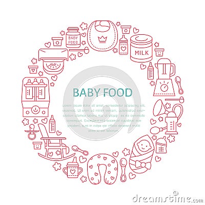 Breastfeeding poster template. Vector line illustration of breast feeding, baby infant food. Nursery element: breast pump, woman, Vector Illustration