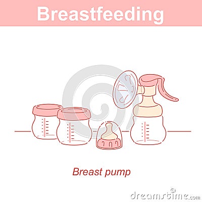 Breastfeeding accessories. Hand breast pump and container for milk. Vector Illustration