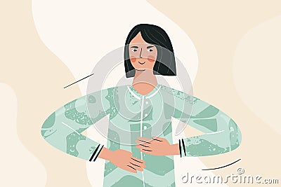 Breath exercise for woman wellbeing and calmness Deep breathing concept. Inhale and exhale, breath awareness exercise Vector Illustration