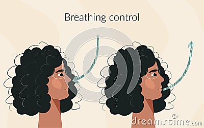 Breath exercise for woman wellbeing and calmness Deep breathing concept. Inhale and exhale, breath awareness exercise Vector Illustration