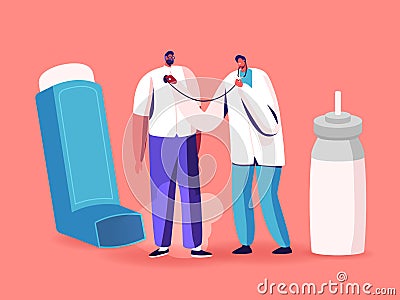 Breath with Inhaler, Asthma, Medical Care, Respiratory Medicine, Pulmonology. Doctor with Stethoscope Checking Lungs Vector Illustration