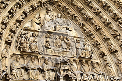 Breath-taking detail in stone carvings of apostles over doors, Notre Dame Cathedral,Paris,France,2016 Editorial Stock Photo