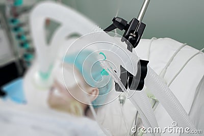 Breathing circuit of patient on the ventilator in ICU Stock Photo