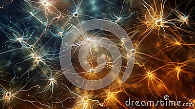 Breathtaking abstract visualization of a neural network with glowing nodes and data flowing lines Stock Photo