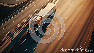 American truck pulling load on a freeway. Aerial drone shot. Generative ai illustration Stock Photo