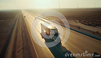 American truck pulling load on a freeway. Aerial drone shot. Generative ai illustration Stock Photo