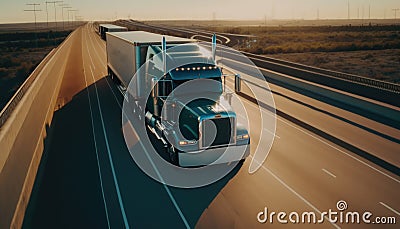 American truck pulling load on a freeway. Aerial drone shot. Generative ai illustration Stock Photo