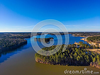 A breathtaking aerial shot of the still blue waters of Lake McIntosh at sunset Stock Photo