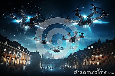 breathtaking aerial show featuring synchronized drones, Night sky above a city or special events venue, Coordinate a Cartoon Illustration