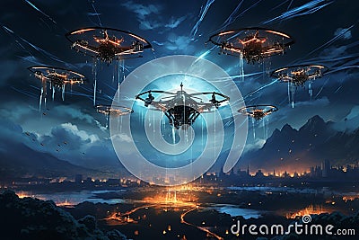 breathtaking aerial show featuring synchronized drones, Night special events venue, Coordinate a swarm of drones using Cartoon Illustration