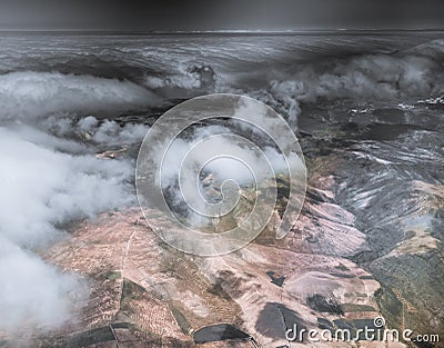 Breathtaking aerial view of Lanzarote mountain terrain Stock Photo