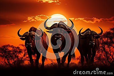 Breathtaking african landscape. magnificent sunset with buffaloes grazing in the golden savannah Stock Photo