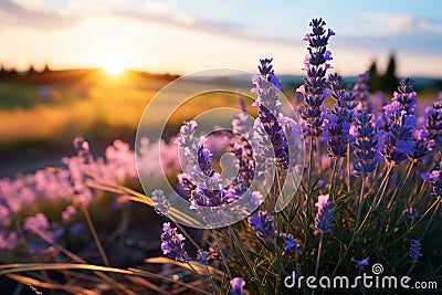 Breathtaking agriculture harvest panorama with blooming lavender field, lavandula angustifolia Stock Photo