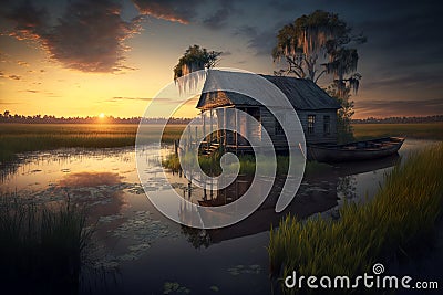 Sunset swamp scene with shack and boat, AI Generative Cartoon Illustration