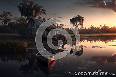 Sunset swamp scene with shack and boat, AI Generative Cartoon Illustration