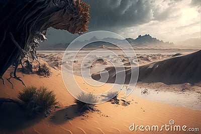 The desert meets the sea on a rainy day, AI Generative Cartoon Illustration